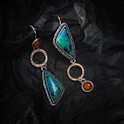 Lapis and Quartz Two Tone Geometric Drop Earrings, drop earrings for women, botanical inspired, styled look