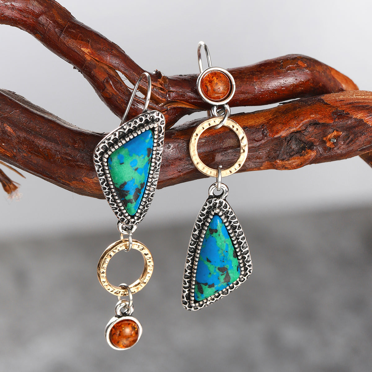 Lapis and Quartz Two Tone Geometric Drop Earrings, drop earrings for women, botanical inspired, side view