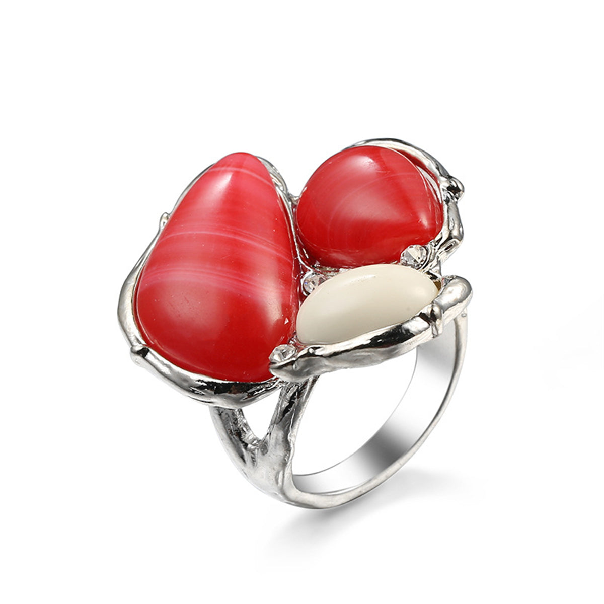 Red and Cream Cats Eye Abstract Ring, statement rings for women, everyday style, side view