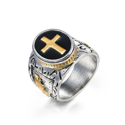 Black and Two-Tone Engraved Cross Band, statement rings for women, everyday style, front view