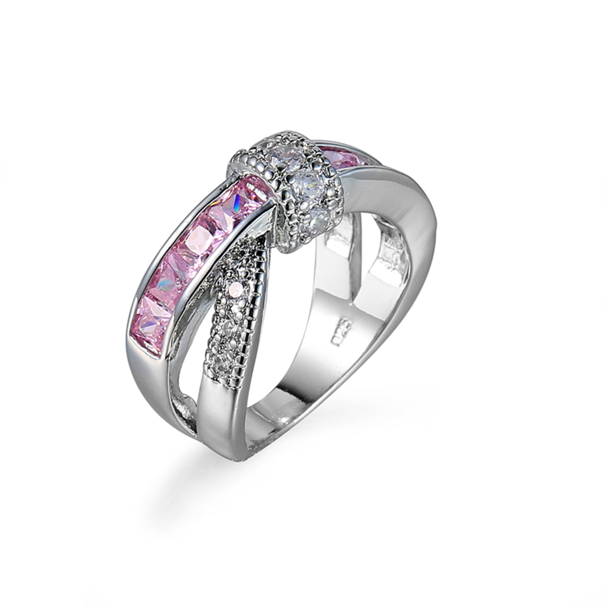 Pink Crystal and Cubic Zirconia Openwork Twist Princess-Cut Ring, statement rings for women, elegant gift for her, side view