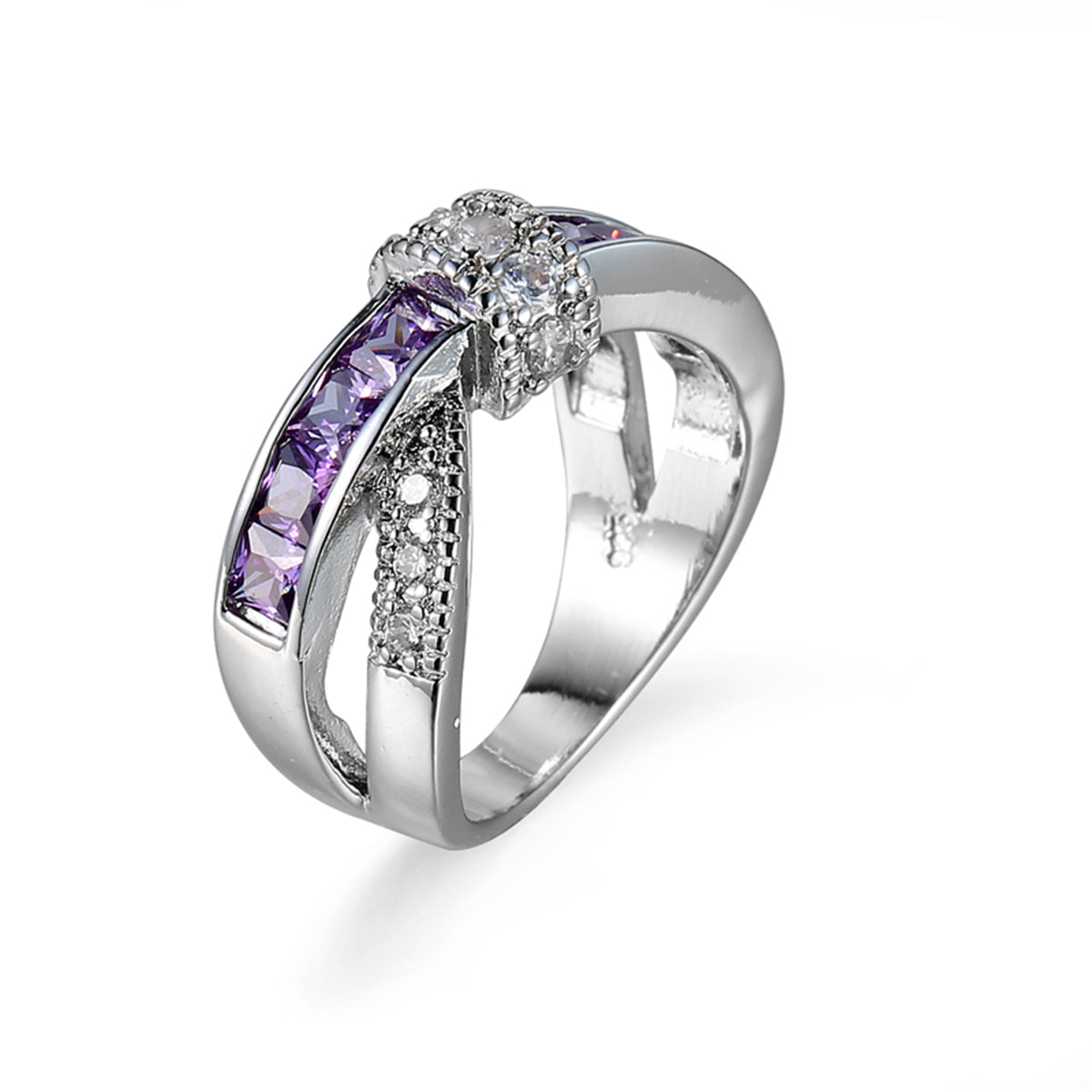 Purple Crystal and Cubic Zirconia Openwork Twist Princess-Cut Ring, statement rings for women, detail close-up