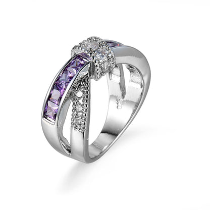 Purple Crystal and Cubic Zirconia Openwork Twist Princess-Cut Ring, statement rings for women, detail close-up