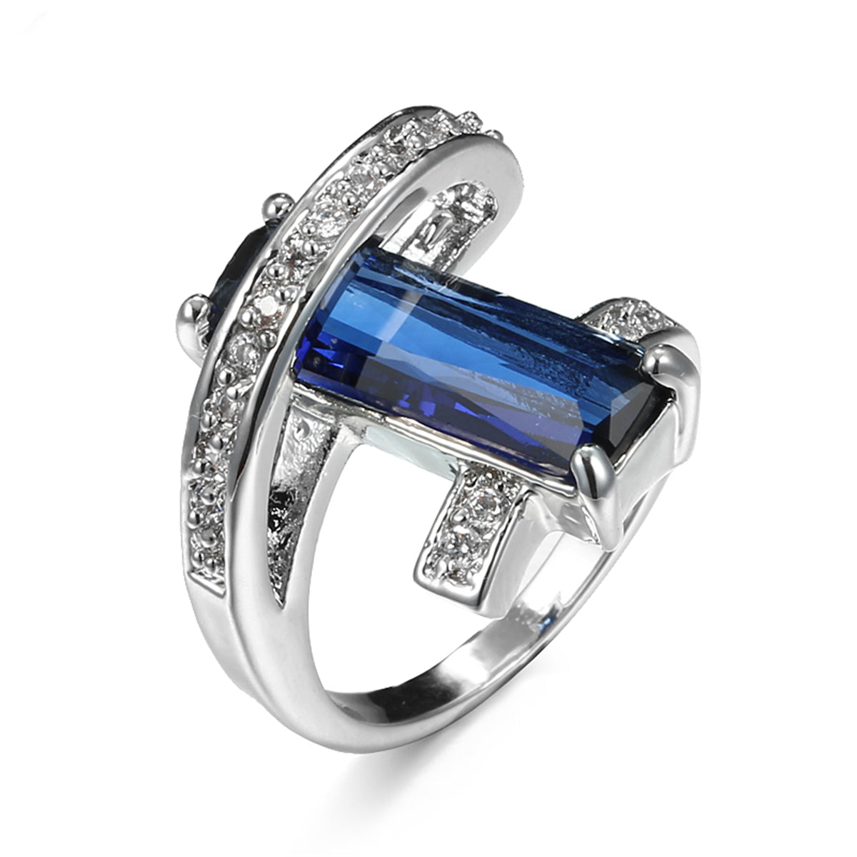 Navy Crystal and Cubic Zirconia Pavé Wrap Baguette-Cut Ring, statement rings for women, elegant gift for her, side view