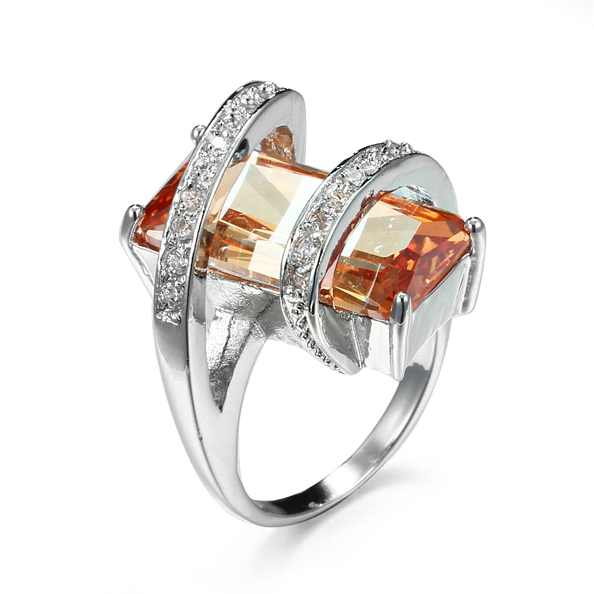 Champagne Crystal and Cubic Zirconia Pavé Wrap Emerald-Cut Ring, statement rings for women, front view