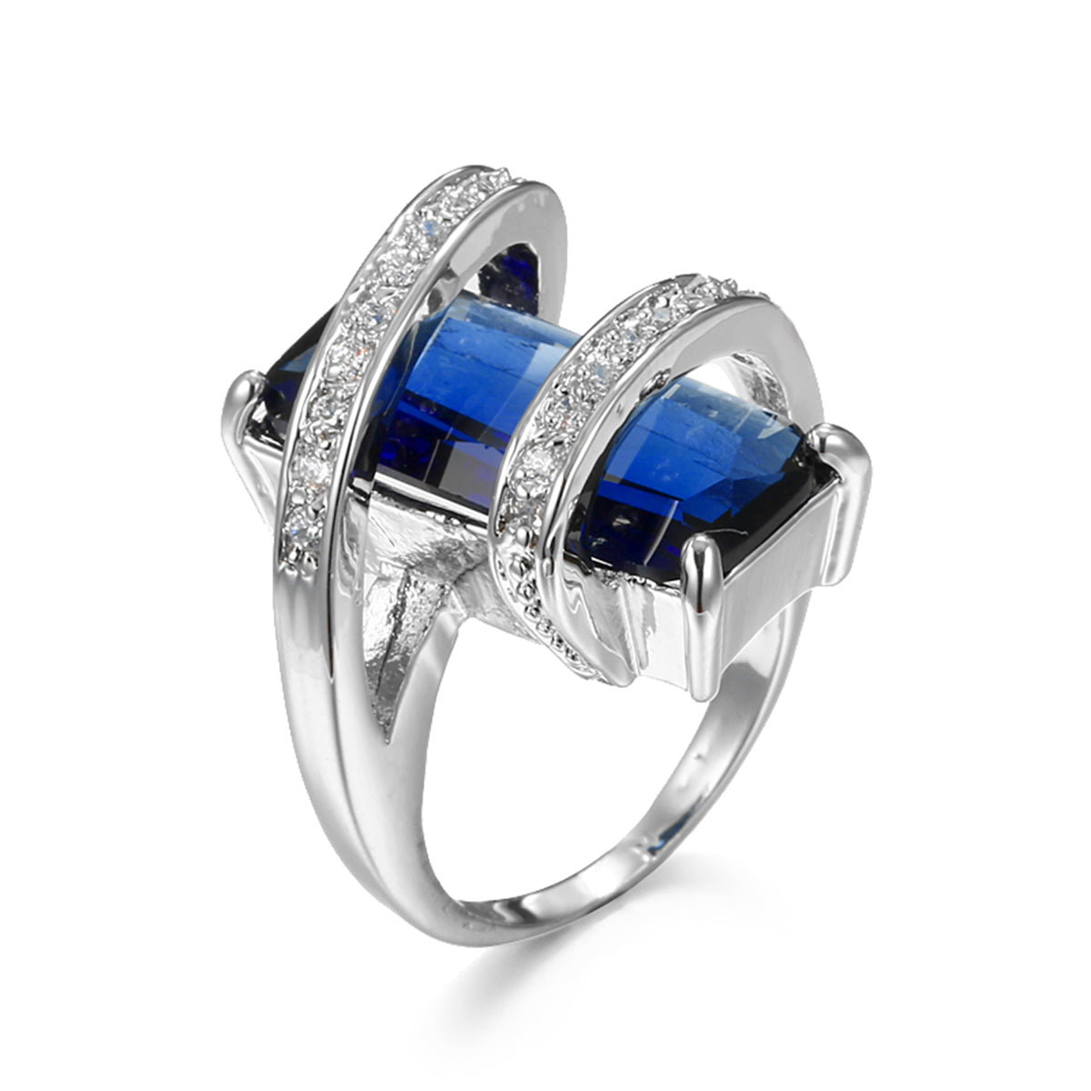 Navy Crystal and Cubic Zirconia Pavé Wrap Emerald-Cut Ring, statement rings for women, botanical inspired, side view