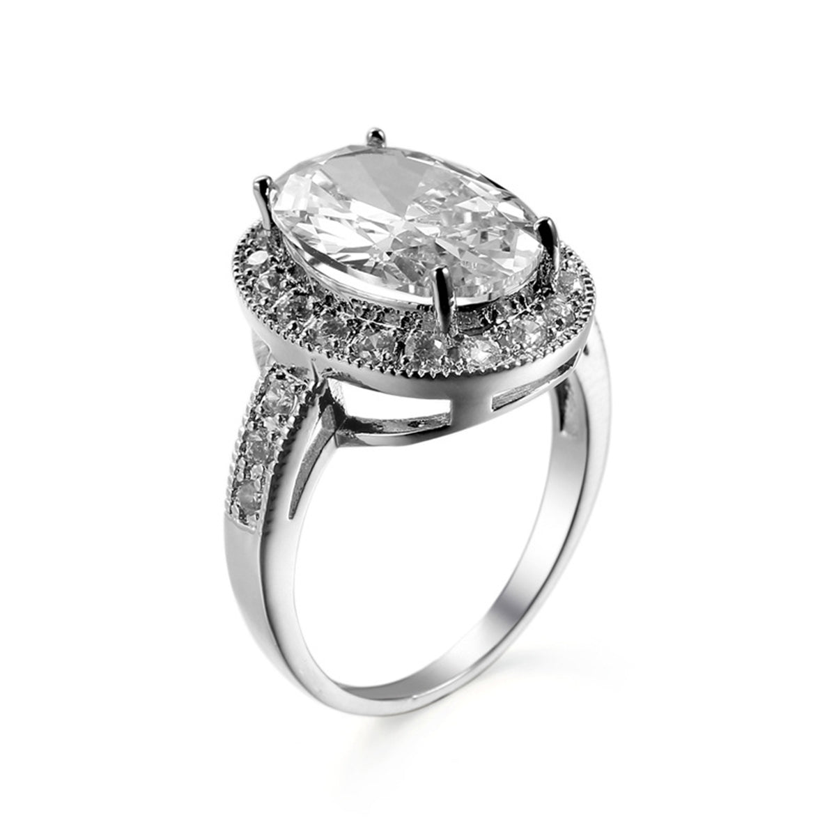 Crystal and Cubic Zirconia Silver-Plated Halo Oval-Cut Ring, silver statement rings for women, everyday style, side view
