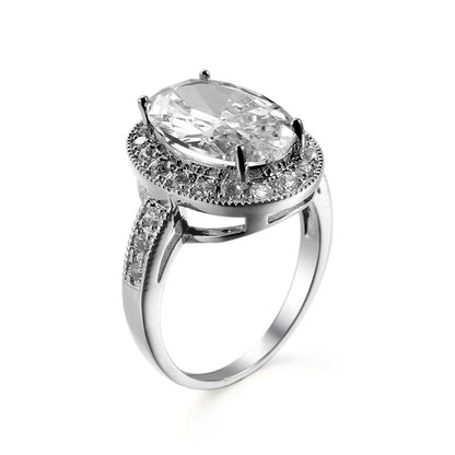 Crystal and Cubic Zirconia Silver-Plated Halo Oval-Cut Ring, silver statement rings for women, everyday style, side view