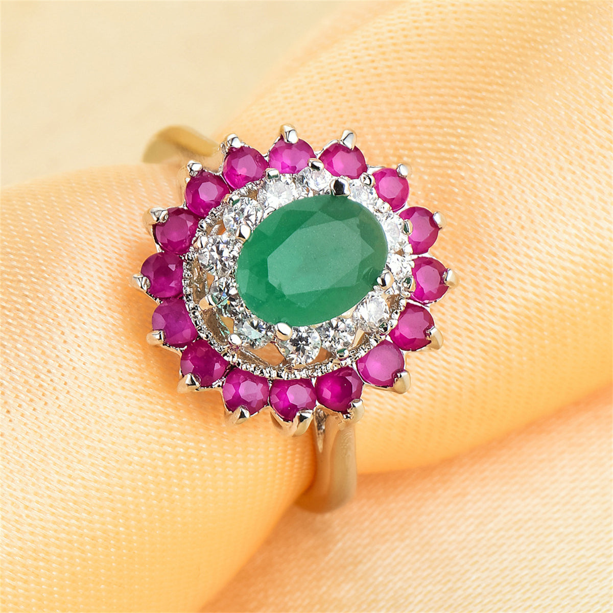 Green Crystal and Red Cubic Zirconia Oval-Cut Halo Ring, statement rings for women, everyday style, side view