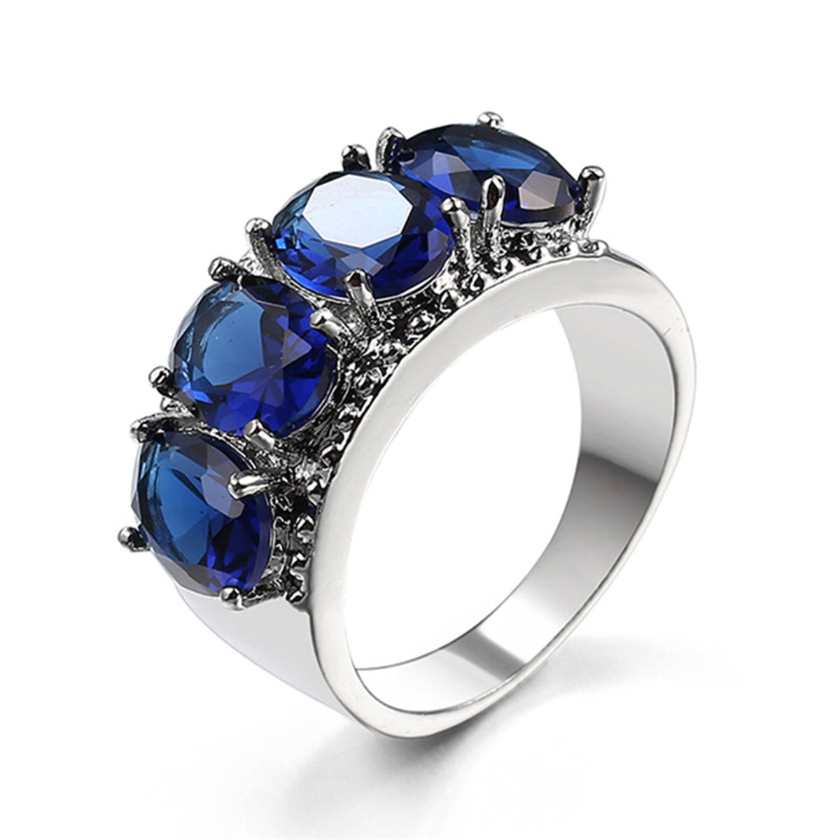 Navy Crystal and Silver-Plated Four-Stone Prong-Set Ring, silver statement rings for women, side view