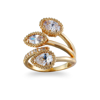 Crystal and Cubic Zirconia Milgrain Trio Bypass Ring, statement rings for women, botanical inspired, side view
