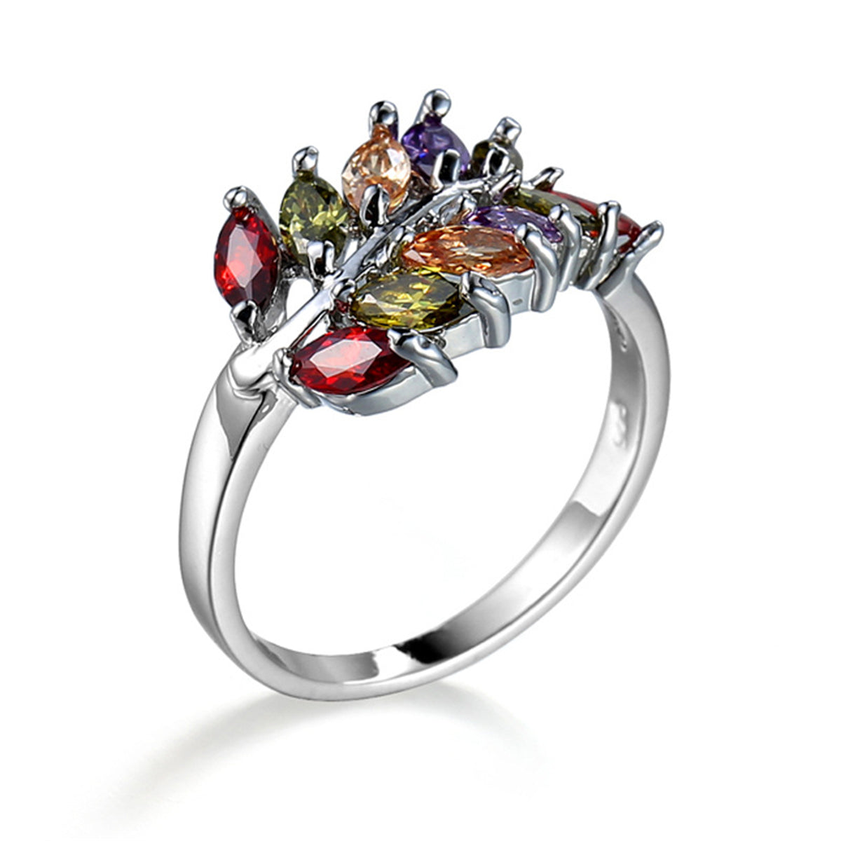 Marquise Crystal and Silver-Plated Leaf Ring, silver statement rings for women, vintage-inspired design, side view