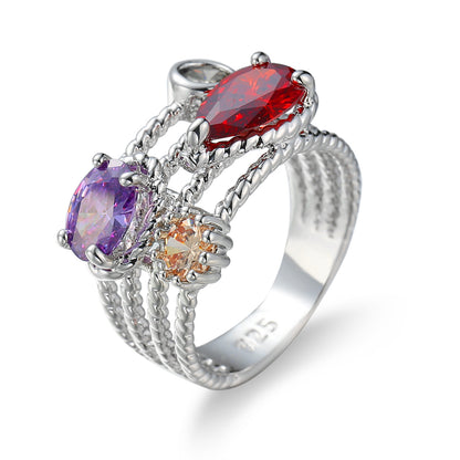 Red and Purple Cubic Zirconia and Crystal Stacked Ring, statement rings for women, everyday style, front view