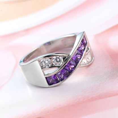 Purple Crystal and Cubic Zirconia Princess-Cut Crisscross Ring, statement rings for women, front view