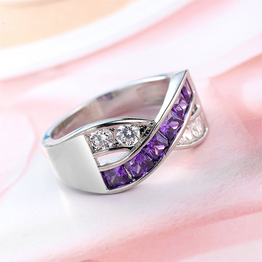 Purple Crystal and Cubic Zirconia Princess-Cut Crisscross Ring, statement rings for women, front view