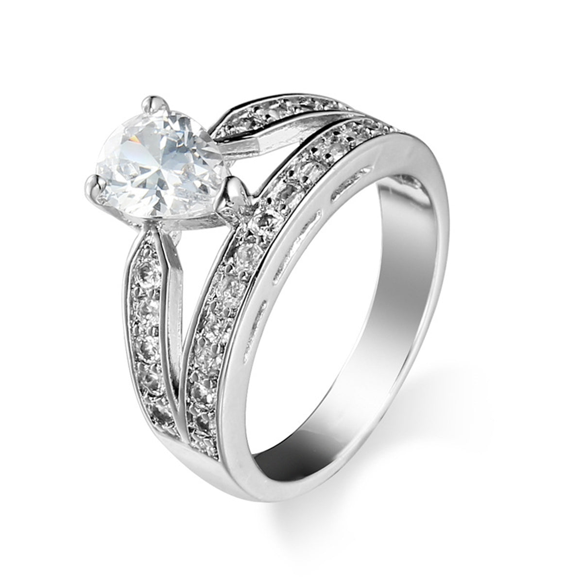 Cubic Zirconia & Crystal Silver-Plated Pear-Cut Drop-Band Ring