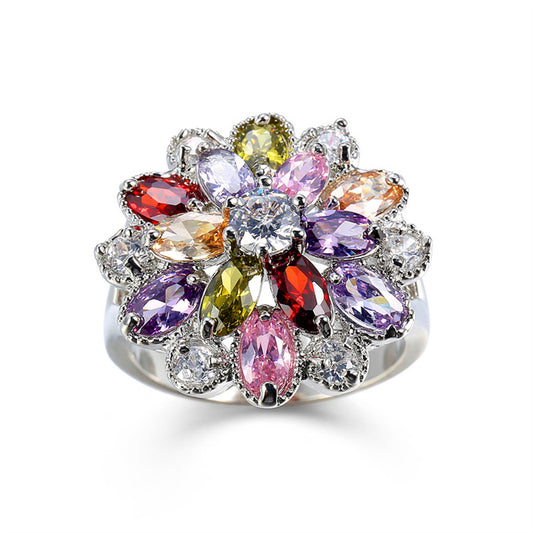 Red Crystal and Cubic Zirconia Floral Pear-Cut Ring, statement rings for women, dainty minimalist design, front view
