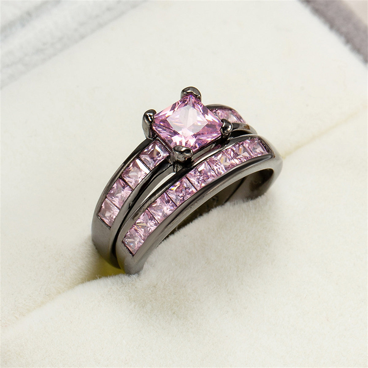 Pink Crystal and Black Stacking Ring Set, jewelry gift sets for women, botanical inspired, lifestyle look