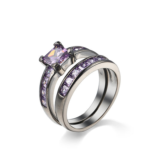 Purple Crystal and Black-Plated Princess-Cut Ring Set, jewelry gift sets for women, dainty minimalist design, front view