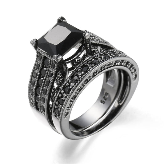 Black Crystal and Cubic Zirconia Band Ring Set, jewelry gift sets for women, everyday style, front view