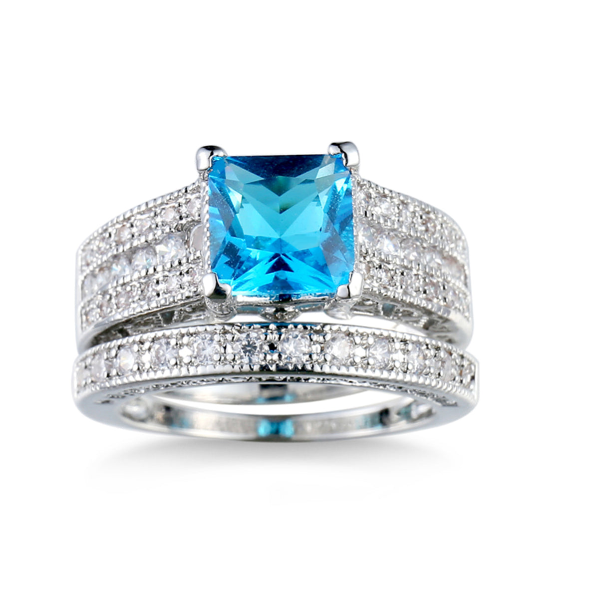 Sea Blue Crystal and Cubic Zirconia Band Ring Set, jewelry gift sets for women, elegant gift for her, front view