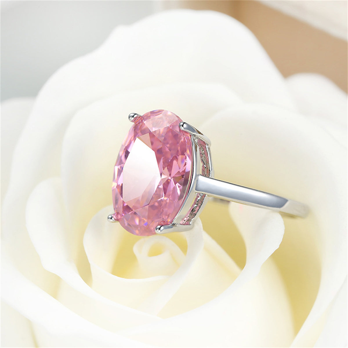 Pink Crystal and Silver-Plated Oval-Cut Ring, silver statement rings for women, dainty minimalist design, side view