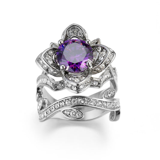 Purple Crystal and Cubic Zirconia Flower Ring Set, jewelry gift sets for women, elegant gift for her, front view