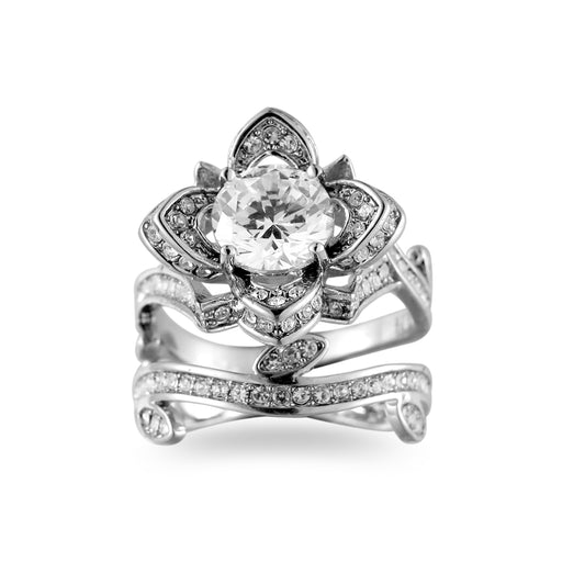 Crystal and Cubic Zirconia Silver-Plated Flower Ring Set, jewelry gift sets for women, vintage-inspired design, front view
