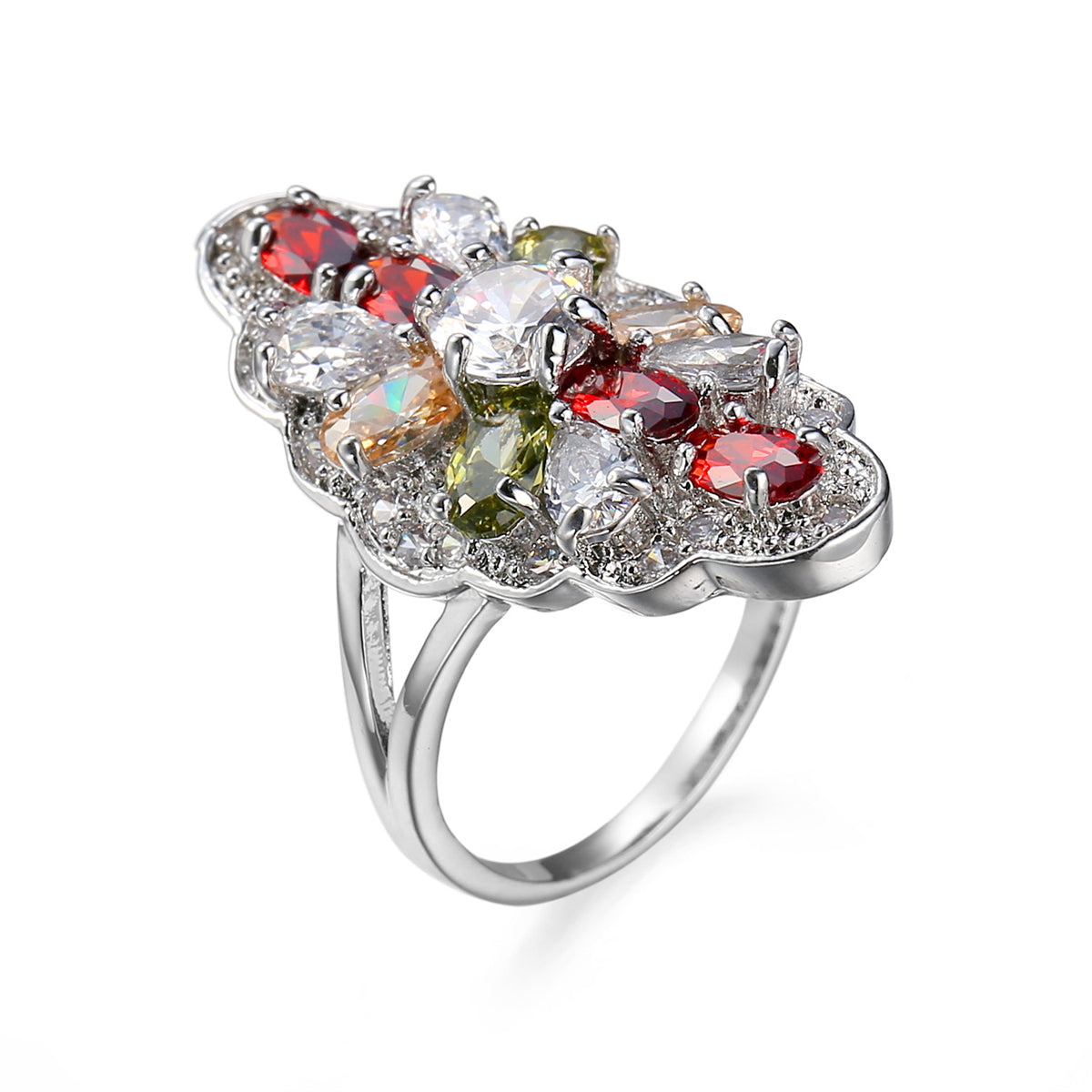 Red Multicolor Crystal and Silver-Plated Pear-Cut Pavé Statement Ring, jewelry gift sets for women, everyday style, side view