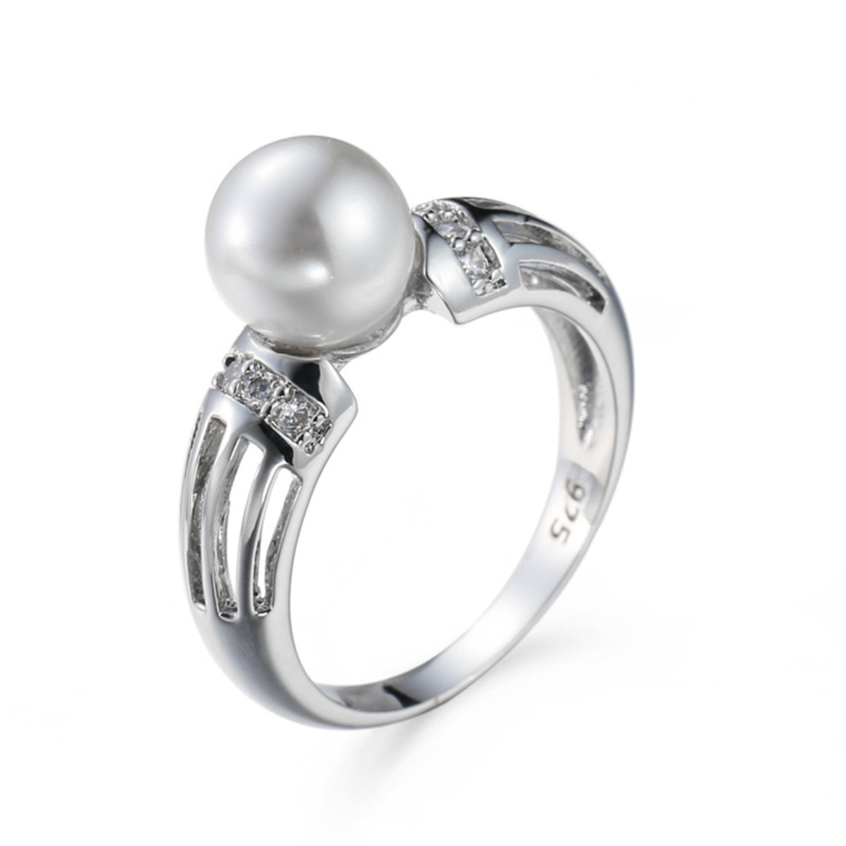 Pearl and Cubic Zirconia Silver-Plated Ring, silver statement rings for women, everyday style, front view