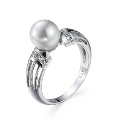 Pearl and Cubic Zirconia Silver-Plated Ring, silver statement rings for women, everyday style, front view
