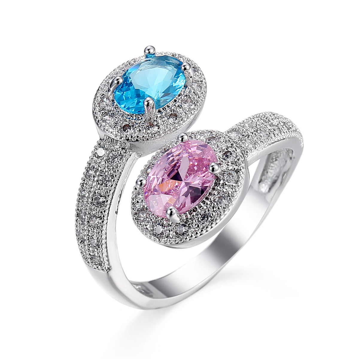 Pink and Blue Crystal Oval-Cut Bypass Ring, statement rings for women, botanical inspired, side view