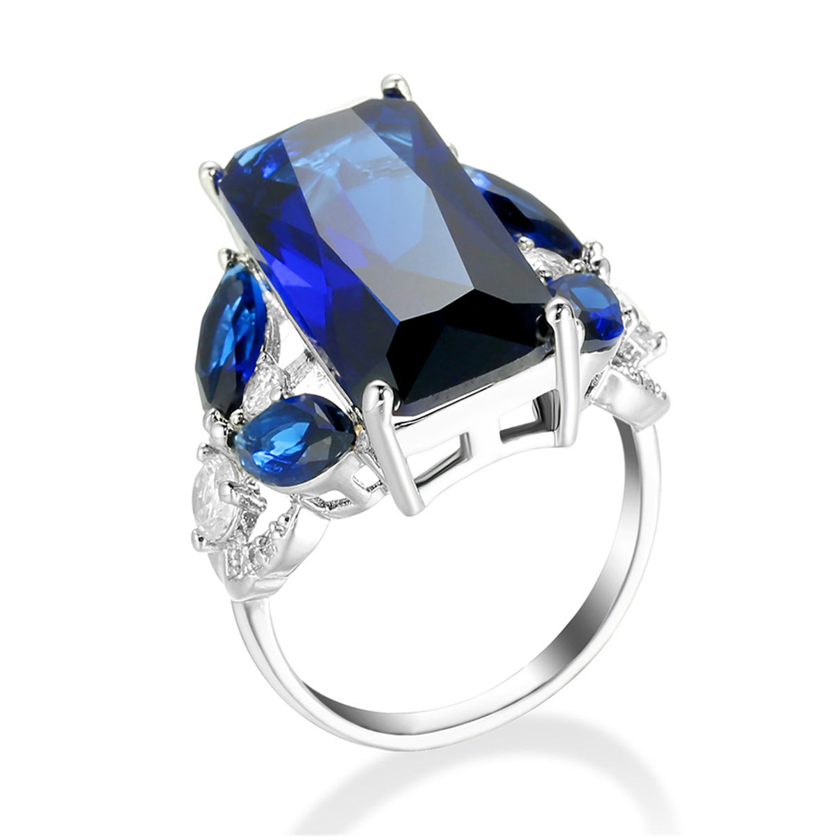 Cubic Zirconia and Blue Crystal Rectangle Ring, statement rings for women, dainty minimalist design, side view