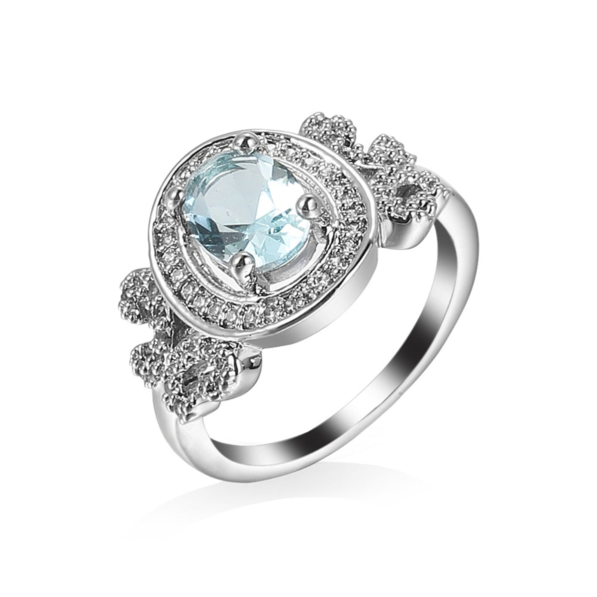 Cubic Zirconia and Sea Blue Crystal Halo Butterfly Ring, statement rings for women, botanical inspired, side view