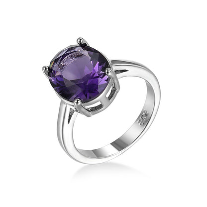 Purple Crystal & Silver-Plated Oval-Cut Solitaire Ring