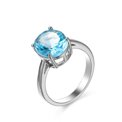Sea Blue Crystal & Silver-Plated Oval-Cut Solitaire Ring