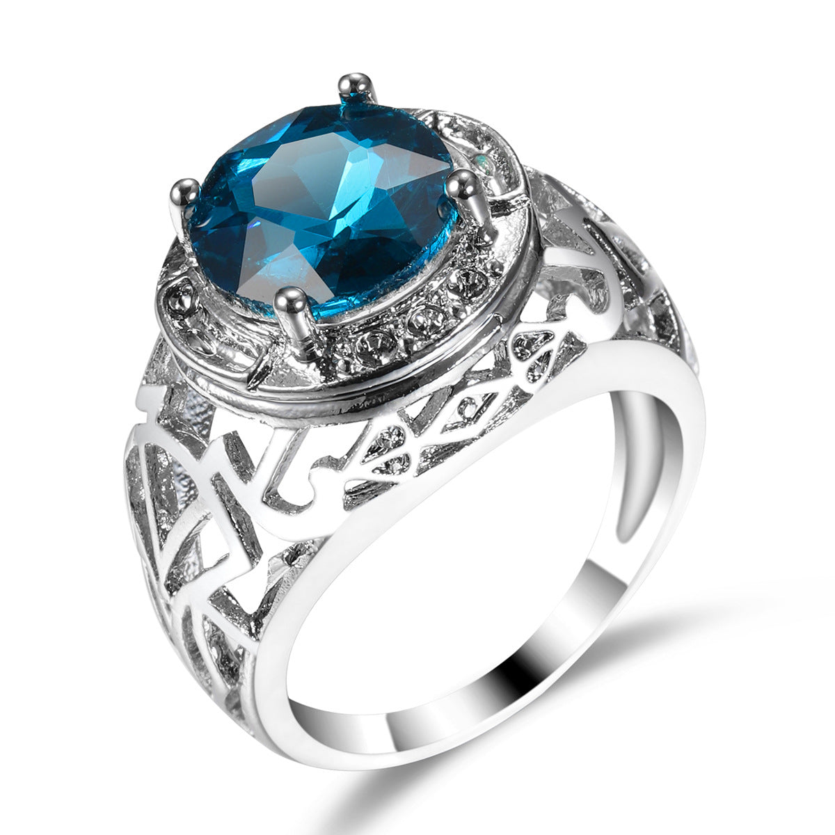 Blue Crystal and Silver-Plated Filigree Cocktail Ring, silver statement rings for women, lifestyle look
