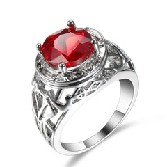Red Crystal & Silver-Plated Filigree Cocktail Ring