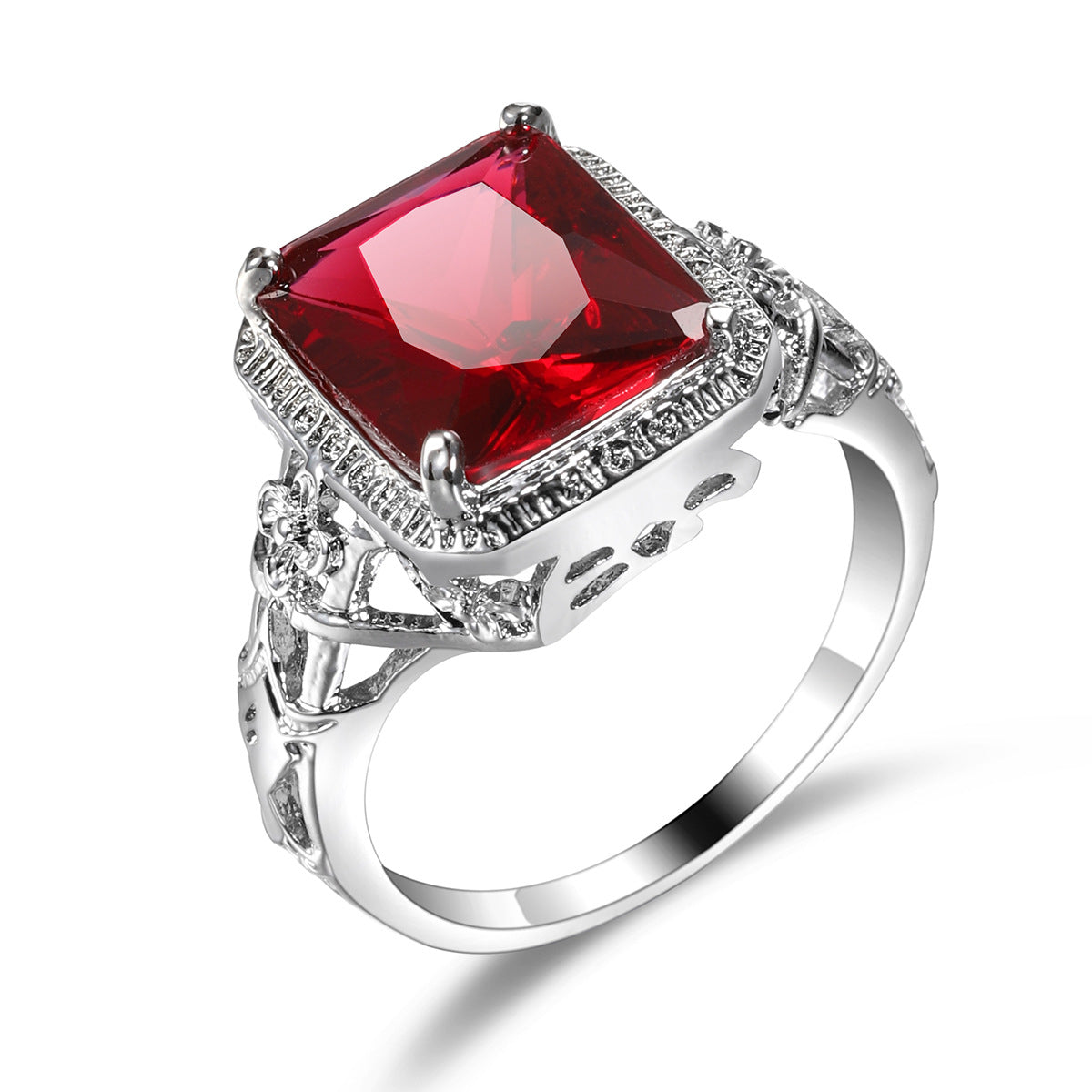 Red Crystal and Silver-Plated Openwork Floral Princess-Cut Ring, jewelry gift sets for women, lifestyle look