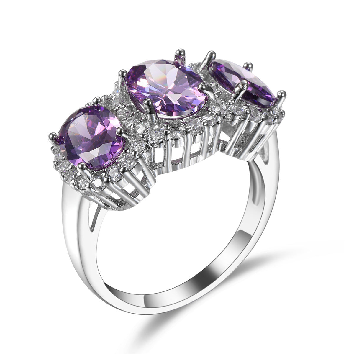 Purple Crystal and Cubic Zirconia Oval-Cut Ring, statement rings for women, elegant gift for her, styled look