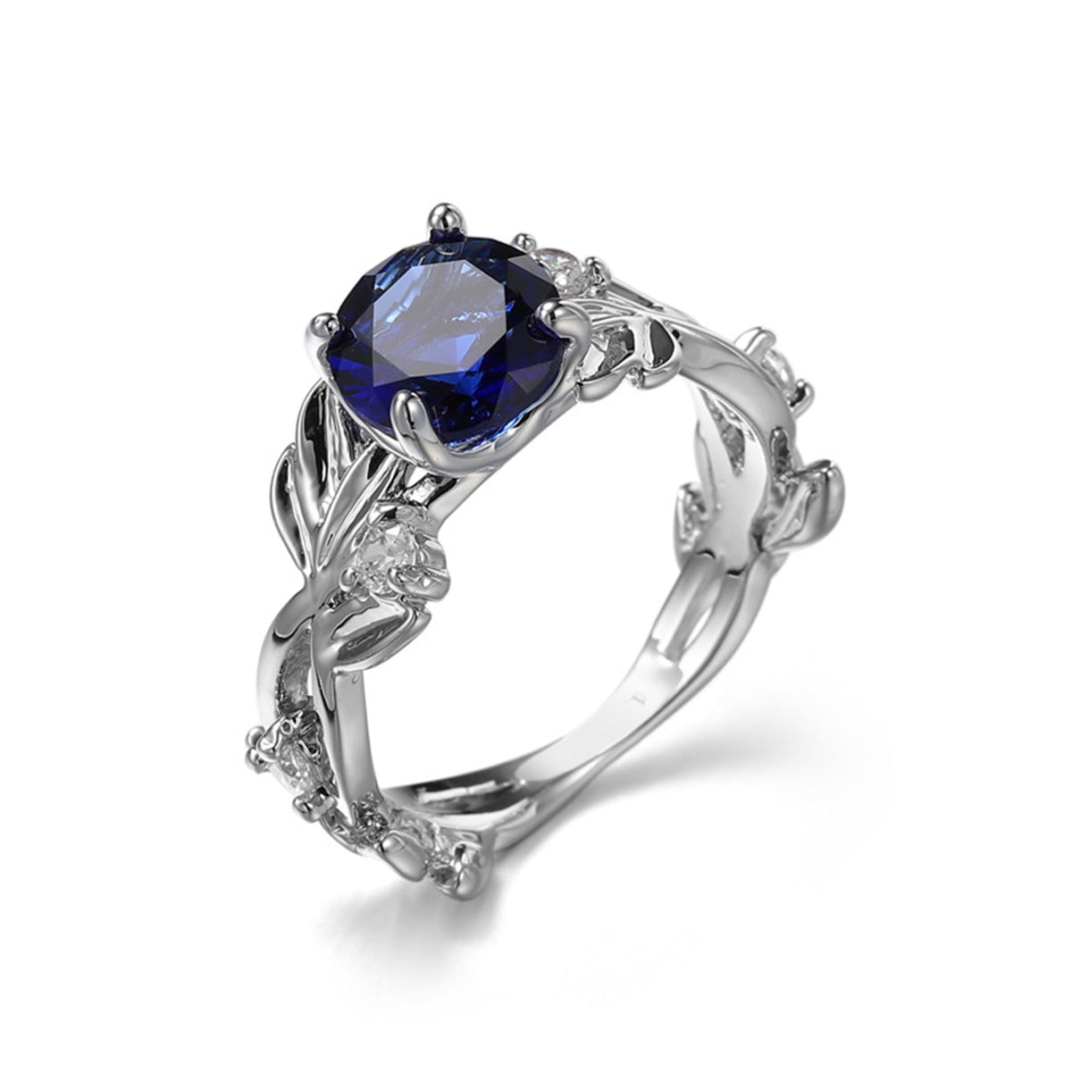 Navy Crystal and Silver-Plated Round-Cut Floral Ring, silver statement rings for women, botanical inspired, side view