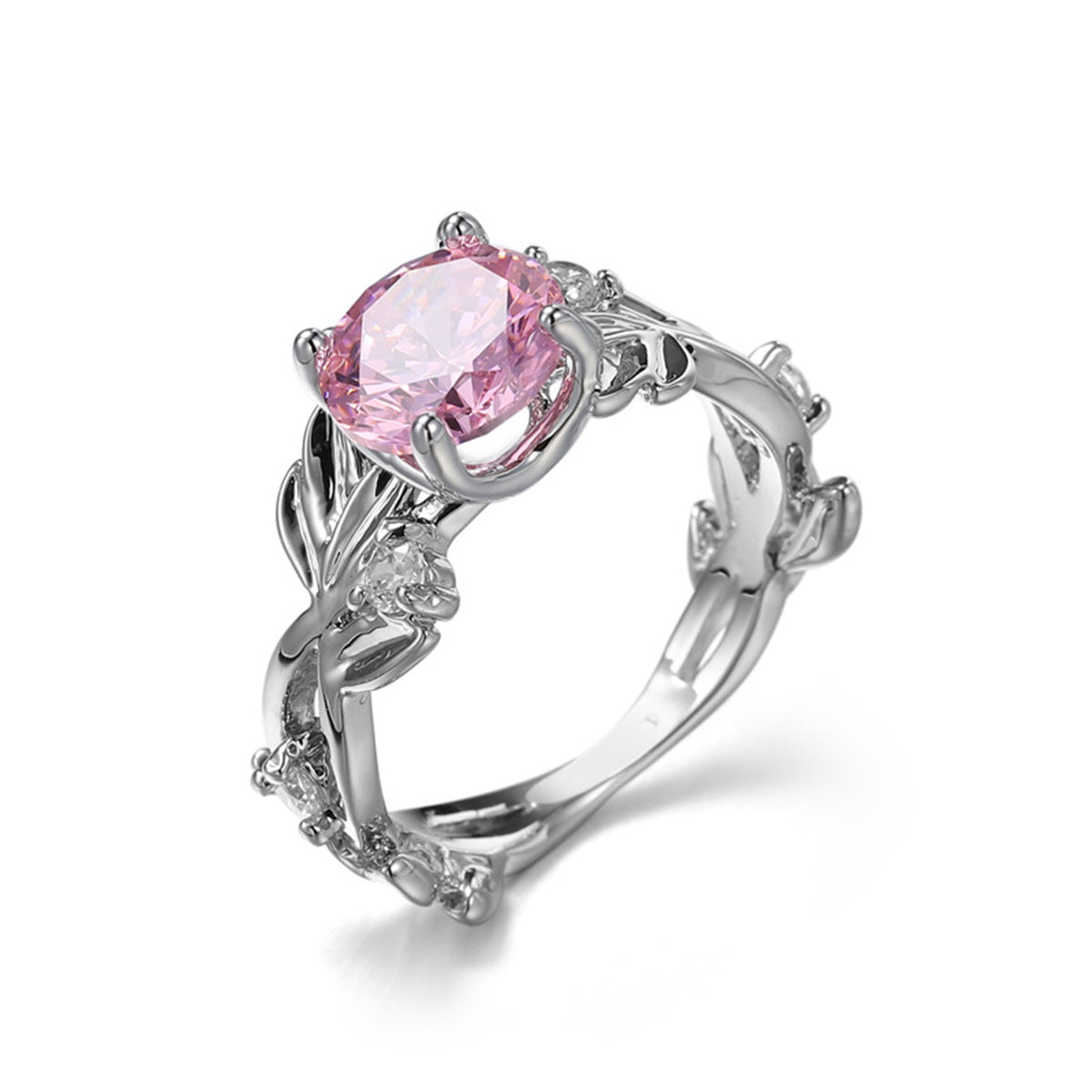 Pink Crystal and Silver-Plated Round-Cut Ring, silver statement rings for women, everyday style, side view