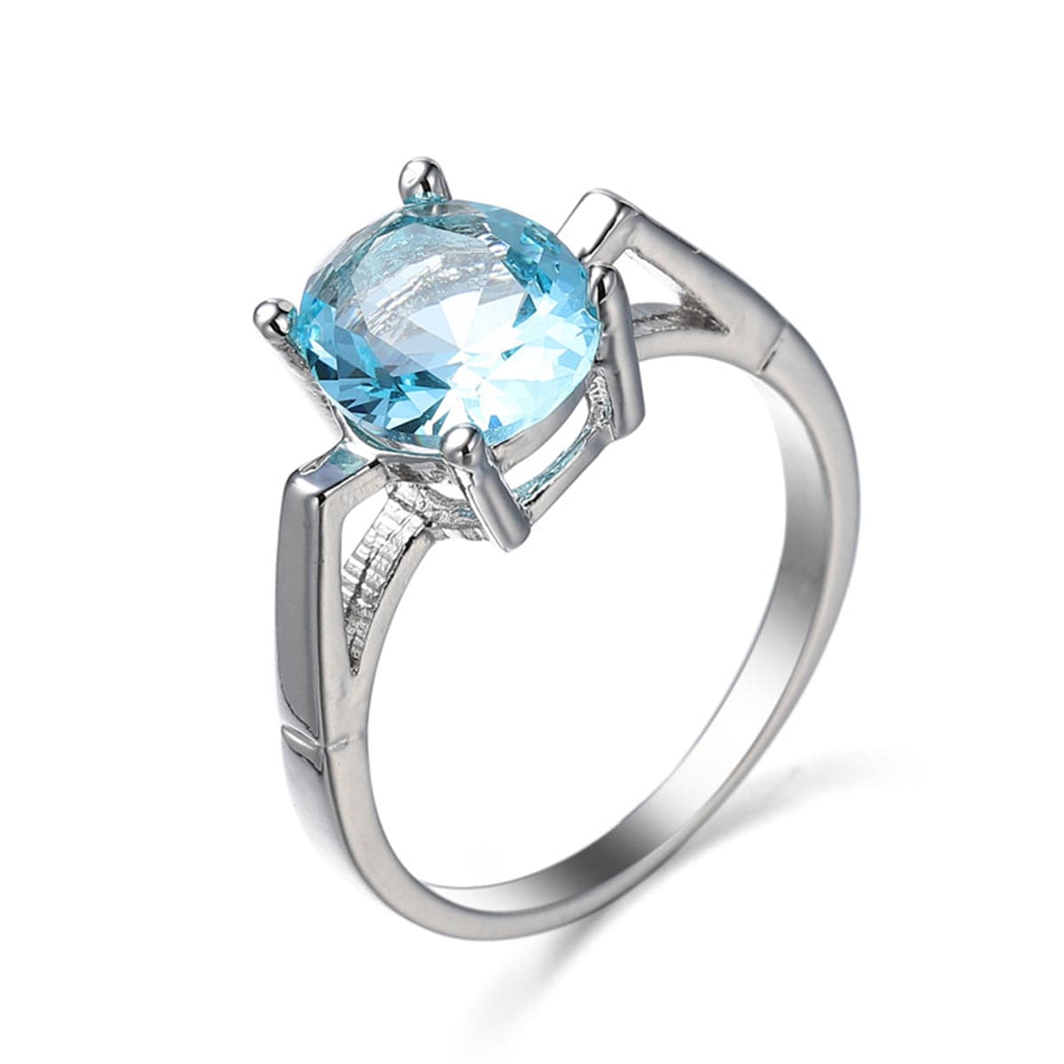 Sea Blue Crystal and Silver-Plated Openwork Geometric Oval-Cut Ring, silver statement rings for women, front view