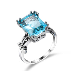 Sea Blue Crystal & Silver-Plated Oxidized Radiant-Cut Ring