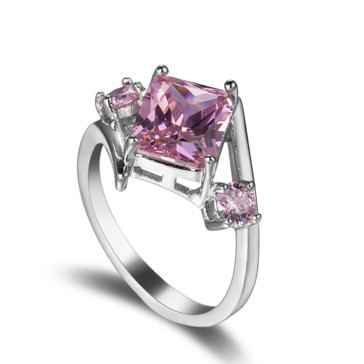 Pink Crystal and Cubic Zirconia Curve Princess-Cut Ring, statement rings for women, botanical inspired, detail close-up