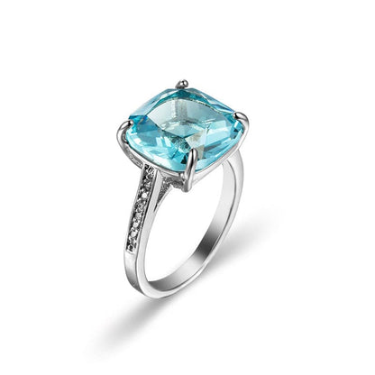 Cubic Zirconia and Sea Blue Princess-Cut Crystal Prong-Set Ring, statement rings for women, front view