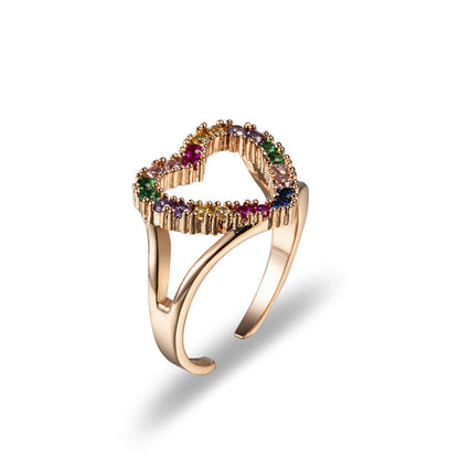 Red Cubic Zirconia and 18K Rose Gold-Plated Open Heart Ring, rose gold statement rings for women, everyday style, side view