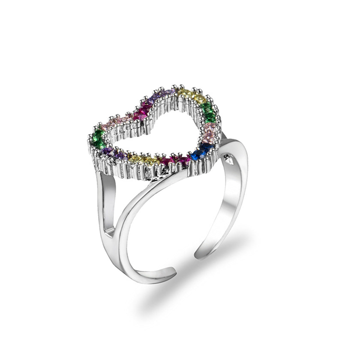 Red Cubic Zirconia and Silver-Plated Open Heart Ring, silver statement rings for women, vintage-inspired design, side view