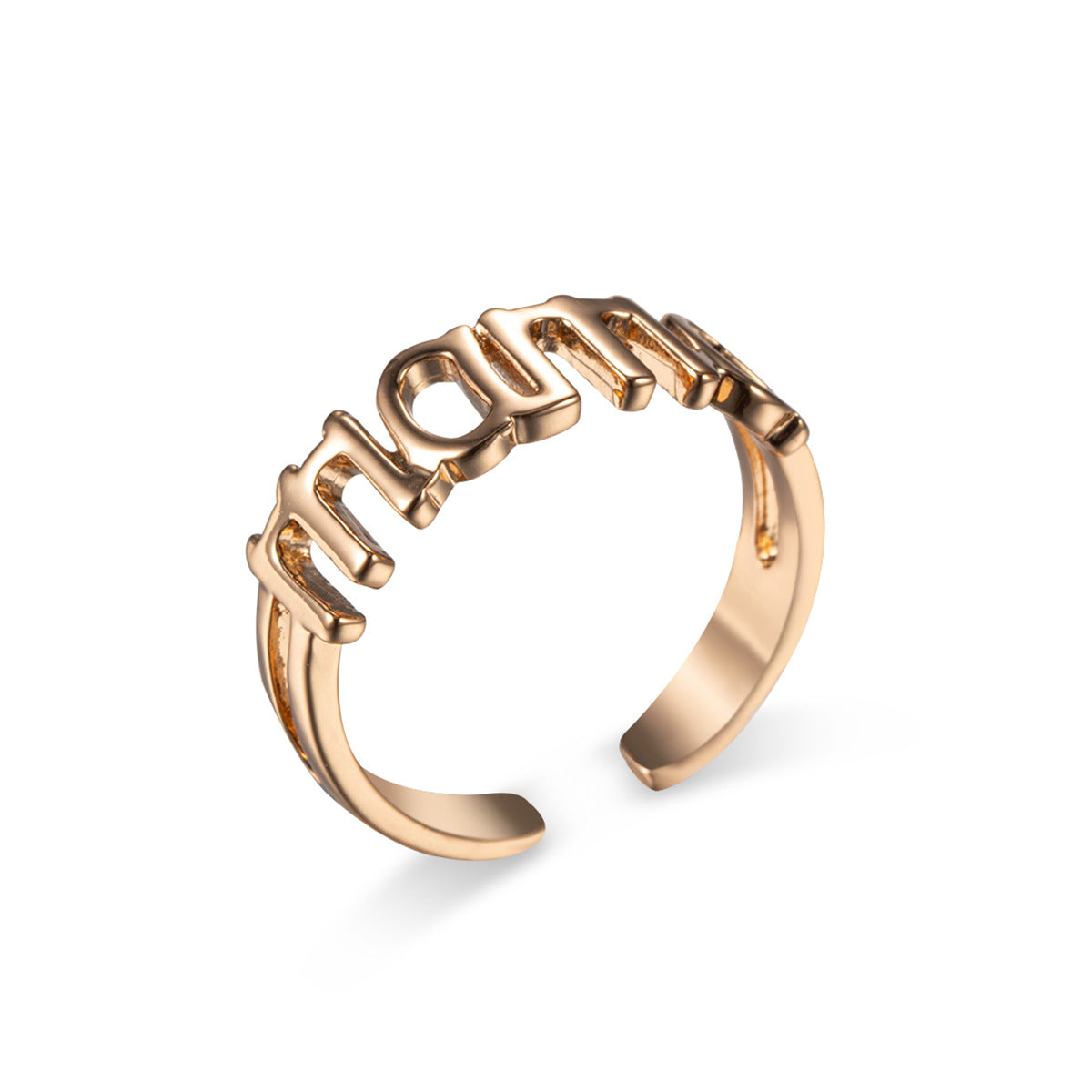 Exquisite rose gold ring with "Mom" lettering, crafted in 18K gold-plated style, ideal for honoring mothers everywhere.
