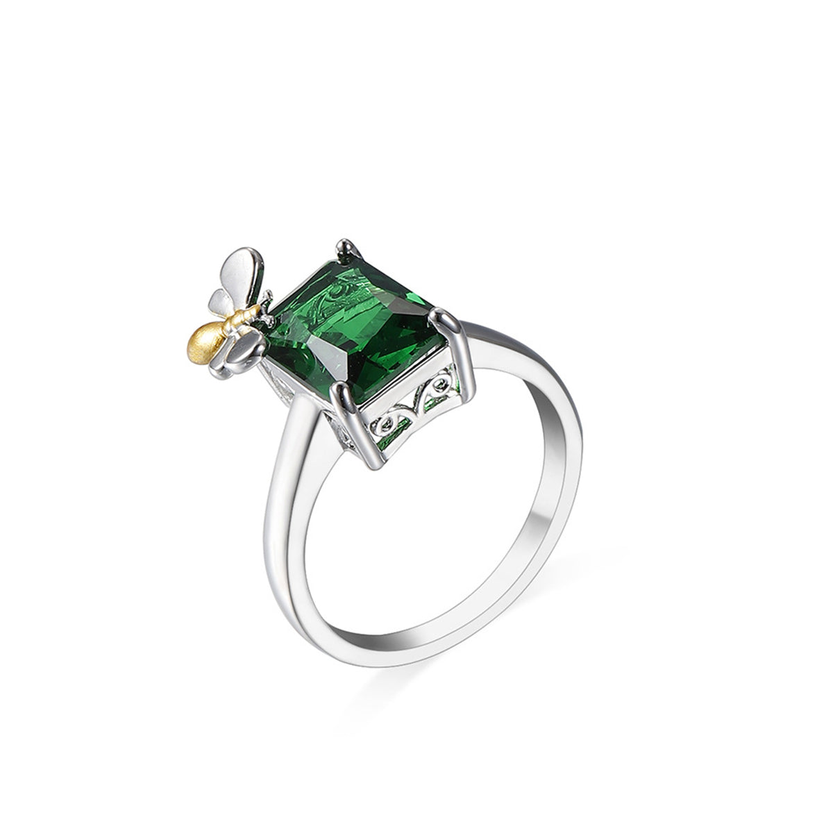 Green Crystal & Two-Tone Bee Emerald-Cut Ring